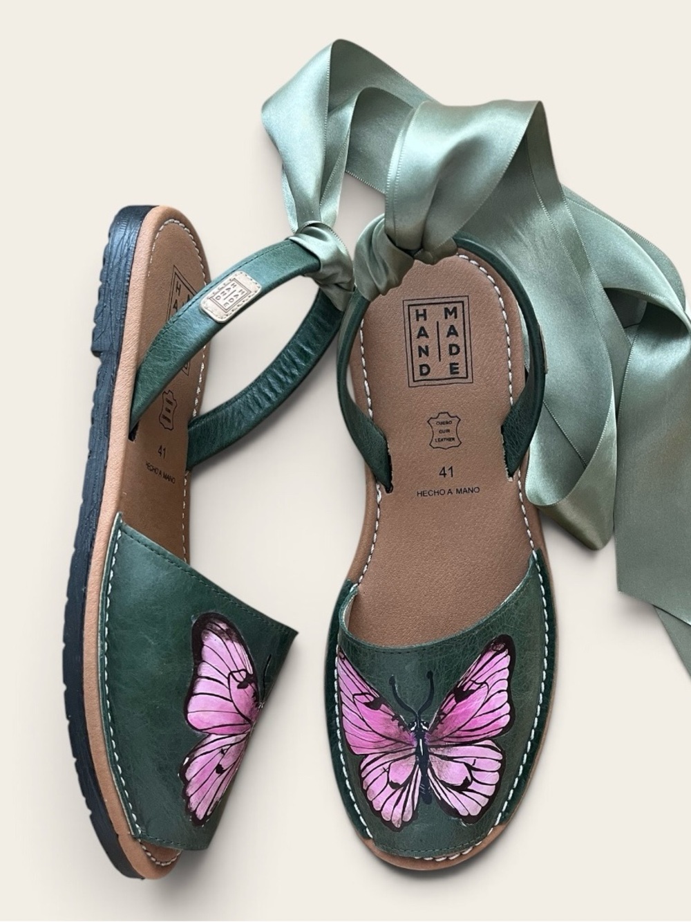 Spain- Leather Women's Sandals with Green with Painted Pink Butterfly